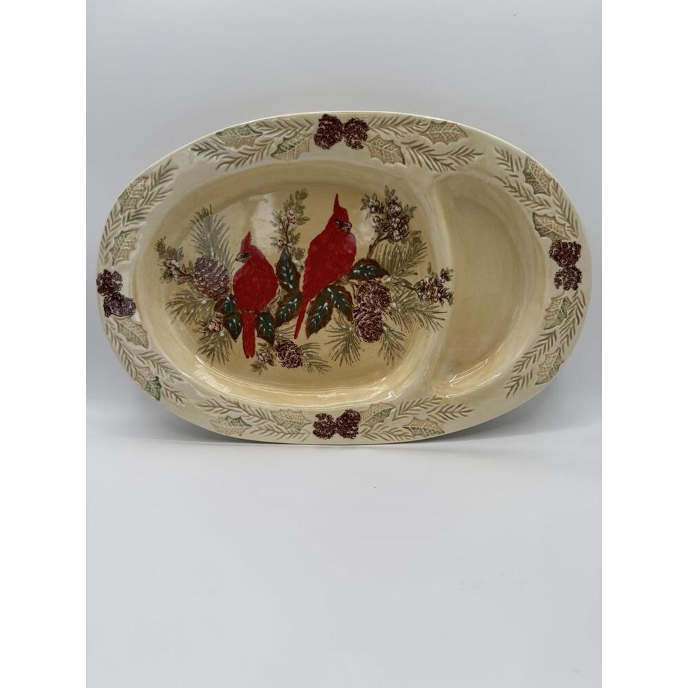 Pacific Rim Cardinal Christmas Divided Serving Platter 15" Chip & Dip Vintage